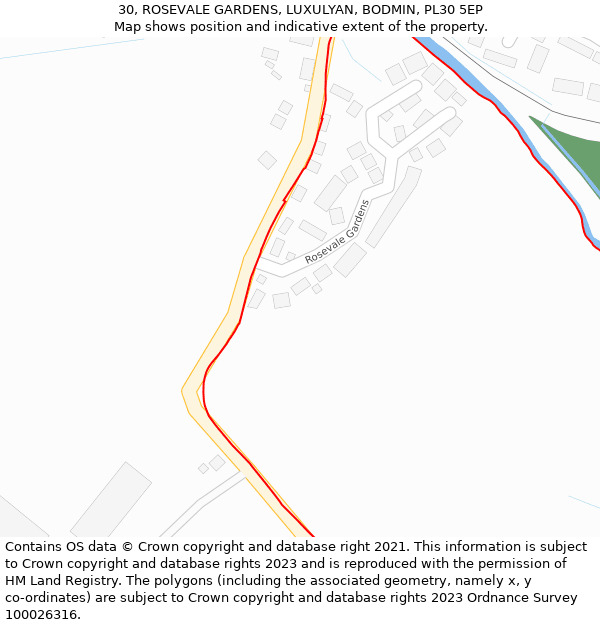 30, ROSEVALE GARDENS, LUXULYAN, BODMIN, PL30 5EP: Location map and indicative extent of plot