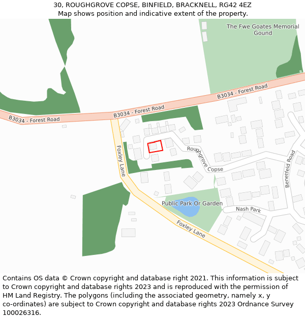 30, ROUGHGROVE COPSE, BINFIELD, BRACKNELL, RG42 4EZ: Location map and indicative extent of plot