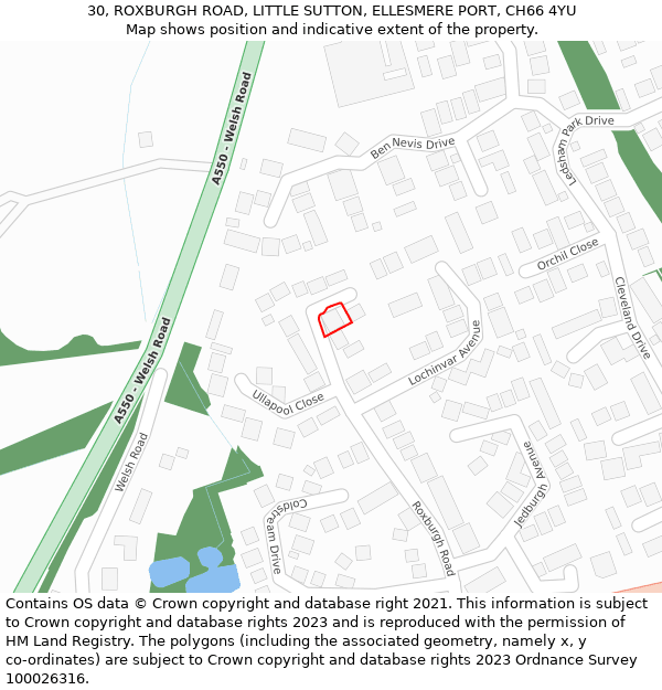 30, ROXBURGH ROAD, LITTLE SUTTON, ELLESMERE PORT, CH66 4YU: Location map and indicative extent of plot