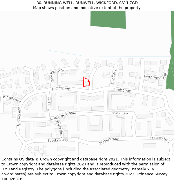 30, RUNNING WELL, RUNWELL, WICKFORD, SS11 7GD: Location map and indicative extent of plot