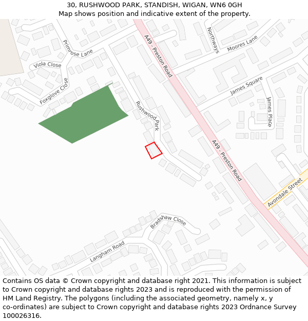 30, RUSHWOOD PARK, STANDISH, WIGAN, WN6 0GH: Location map and indicative extent of plot