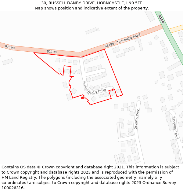 30, RUSSELL DANBY DRIVE, HORNCASTLE, LN9 5FE: Location map and indicative extent of plot