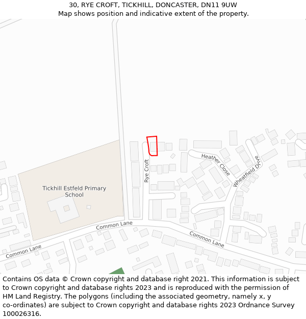 30, RYE CROFT, TICKHILL, DONCASTER, DN11 9UW: Location map and indicative extent of plot