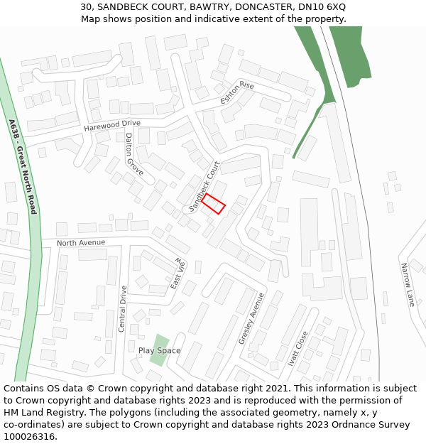 30, SANDBECK COURT, BAWTRY, DONCASTER, DN10 6XQ: Location map and indicative extent of plot