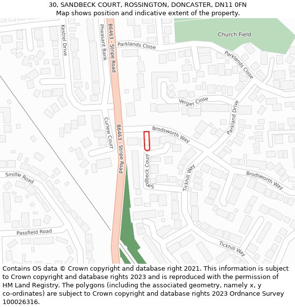 30, SANDBECK COURT, ROSSINGTON, DONCASTER, DN11 0FN: Location map and indicative extent of plot