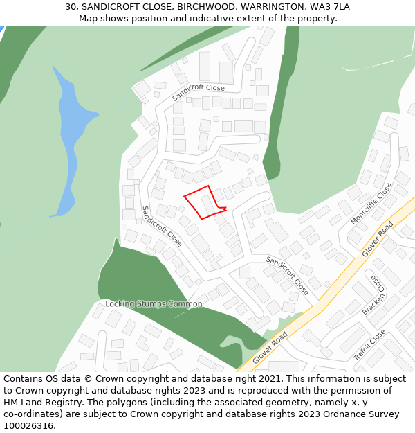 30, SANDICROFT CLOSE, BIRCHWOOD, WARRINGTON, WA3 7LA: Location map and indicative extent of plot