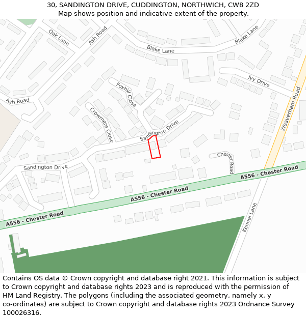 30, SANDINGTON DRIVE, CUDDINGTON, NORTHWICH, CW8 2ZD: Location map and indicative extent of plot