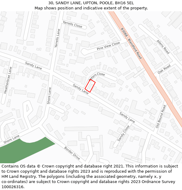 30, SANDY LANE, UPTON, POOLE, BH16 5EL: Location map and indicative extent of plot