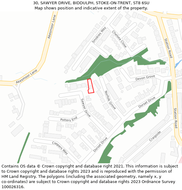 30, SAWYER DRIVE, BIDDULPH, STOKE-ON-TRENT, ST8 6SU: Location map and indicative extent of plot