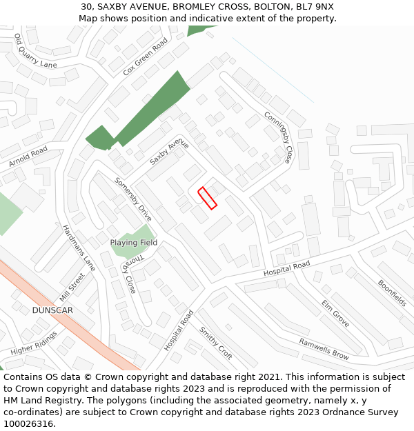 30, SAXBY AVENUE, BROMLEY CROSS, BOLTON, BL7 9NX: Location map and indicative extent of plot