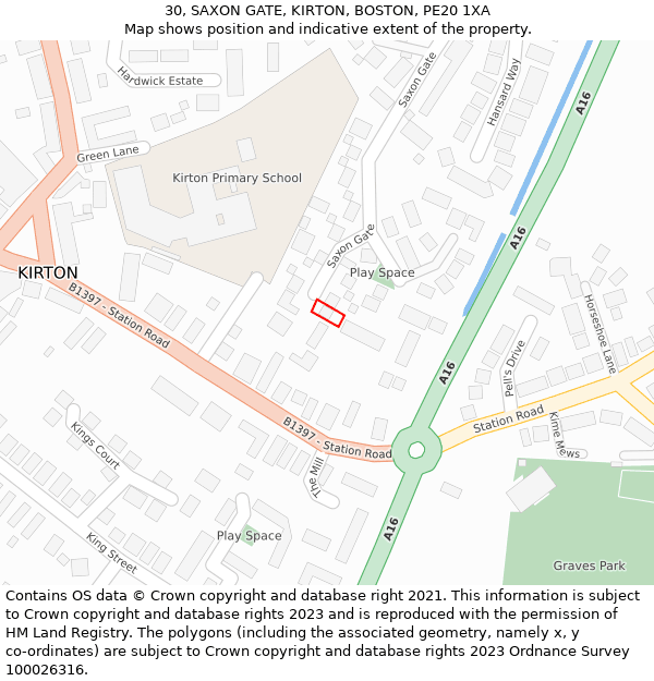 30, SAXON GATE, KIRTON, BOSTON, PE20 1XA: Location map and indicative extent of plot