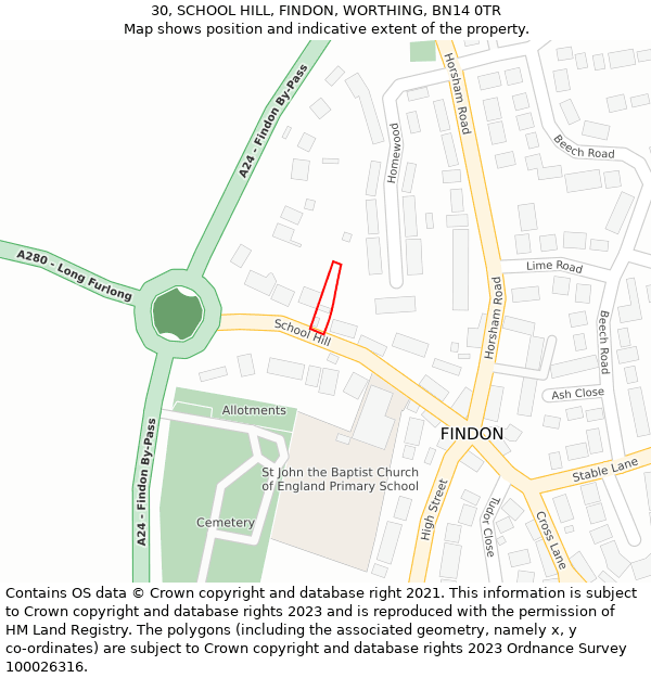 30, SCHOOL HILL, FINDON, WORTHING, BN14 0TR: Location map and indicative extent of plot