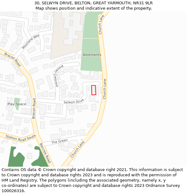 30, SELWYN DRIVE, BELTON, GREAT YARMOUTH, NR31 9LR: Location map and indicative extent of plot