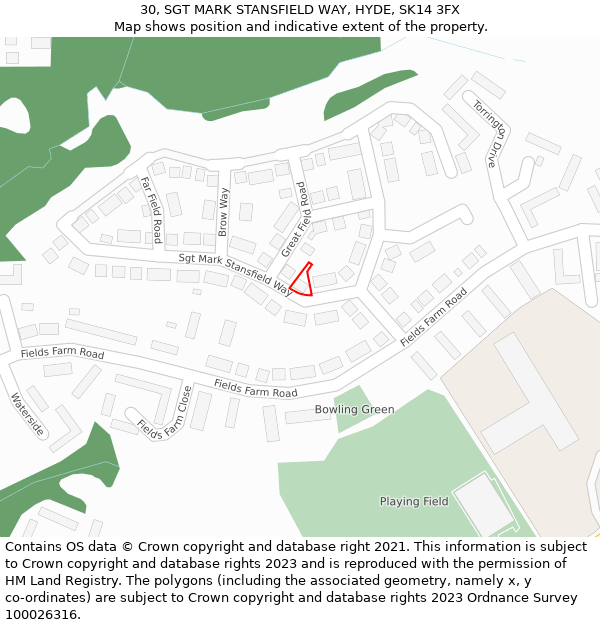 30, SGT MARK STANSFIELD WAY, HYDE, SK14 3FX: Location map and indicative extent of plot