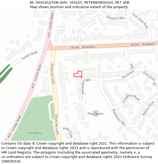 30, SHACKLETON WAY, YAXLEY, PETERBOROUGH, PE7 3AB: Location map and indicative extent of plot