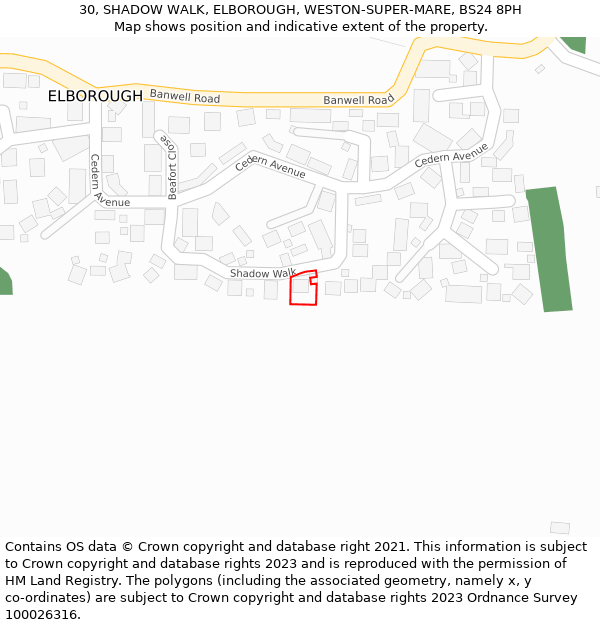 30, SHADOW WALK, ELBOROUGH, WESTON-SUPER-MARE, BS24 8PH: Location map and indicative extent of plot