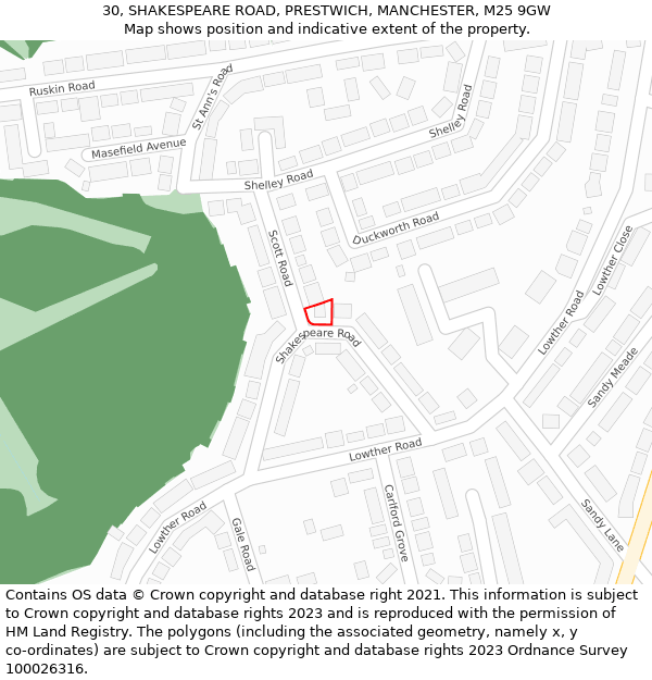 30, SHAKESPEARE ROAD, PRESTWICH, MANCHESTER, M25 9GW: Location map and indicative extent of plot
