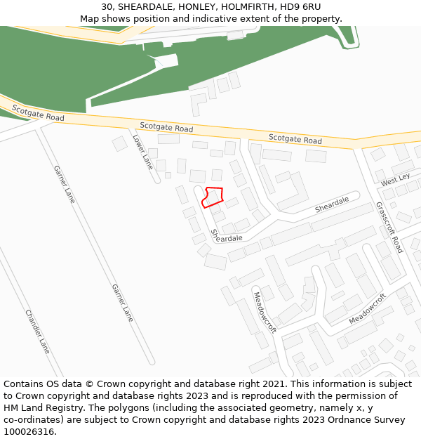 30, SHEARDALE, HONLEY, HOLMFIRTH, HD9 6RU: Location map and indicative extent of plot