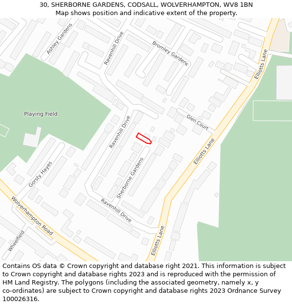 30, SHERBORNE GARDENS, CODSALL, WOLVERHAMPTON, WV8 1BN: Location map and indicative extent of plot