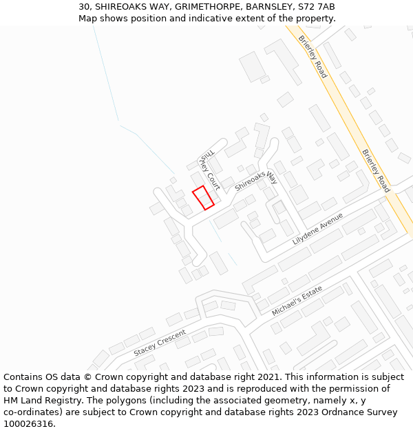 30, SHIREOAKS WAY, GRIMETHORPE, BARNSLEY, S72 7AB: Location map and indicative extent of plot