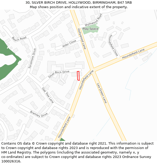 30, SILVER BIRCH DRIVE, HOLLYWOOD, BIRMINGHAM, B47 5RB: Location map and indicative extent of plot