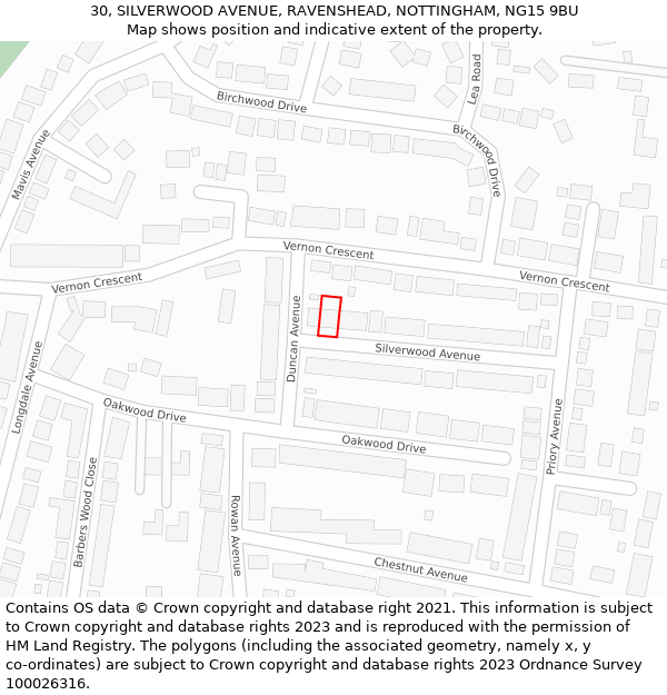 30, SILVERWOOD AVENUE, RAVENSHEAD, NOTTINGHAM, NG15 9BU: Location map and indicative extent of plot