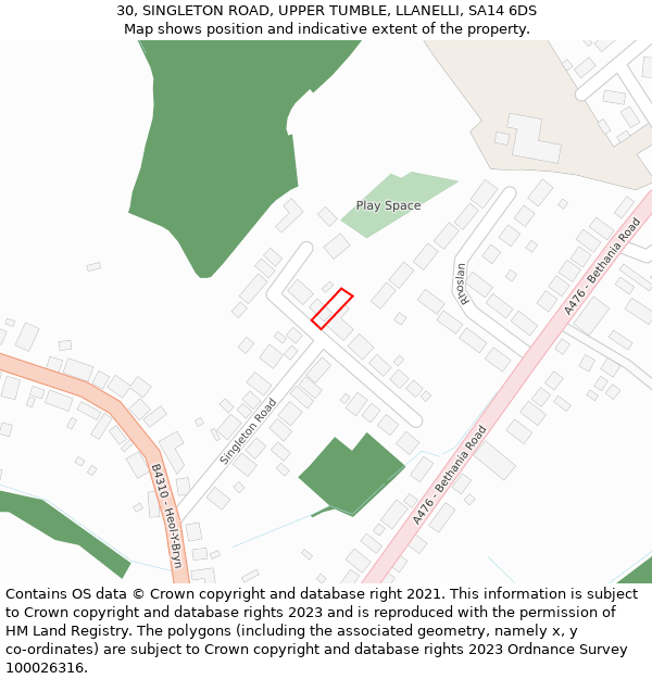 30, SINGLETON ROAD, UPPER TUMBLE, LLANELLI, SA14 6DS: Location map and indicative extent of plot