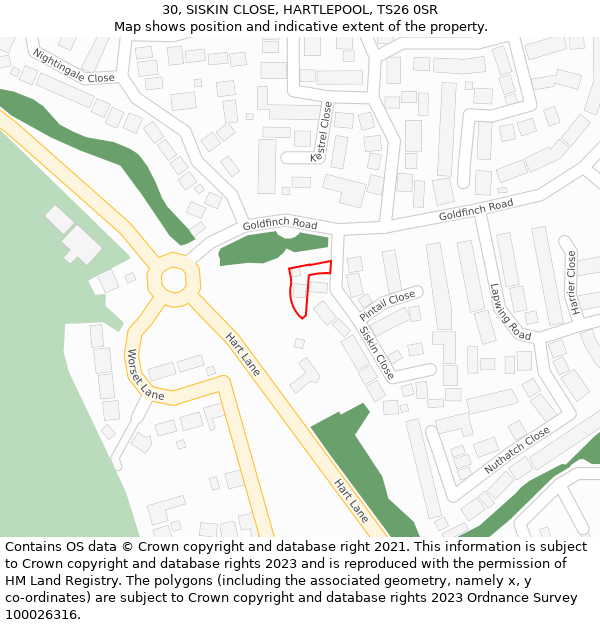 30, SISKIN CLOSE, HARTLEPOOL, TS26 0SR: Location map and indicative extent of plot