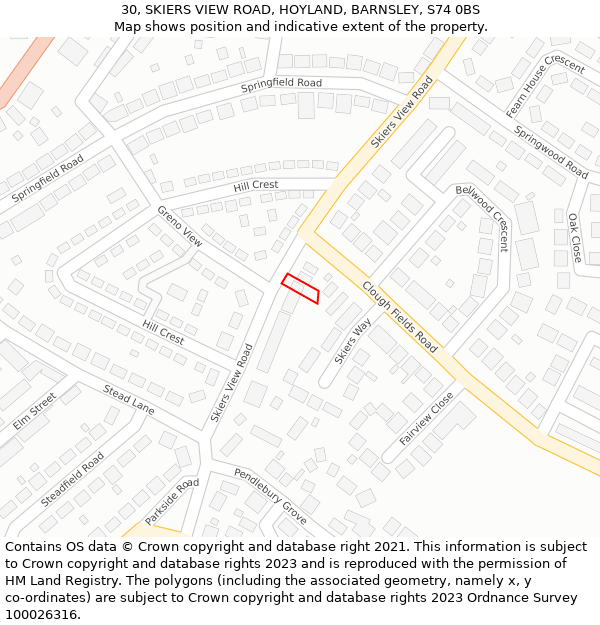 30, SKIERS VIEW ROAD, HOYLAND, BARNSLEY, S74 0BS: Location map and indicative extent of plot