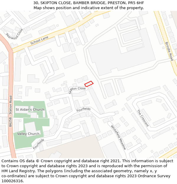 30, SKIPTON CLOSE, BAMBER BRIDGE, PRESTON, PR5 6HF: Location map and indicative extent of plot