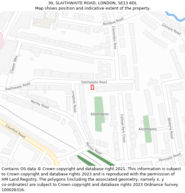 30, SLAITHWAITE ROAD, LONDON, SE13 6DL: Location map and indicative extent of plot