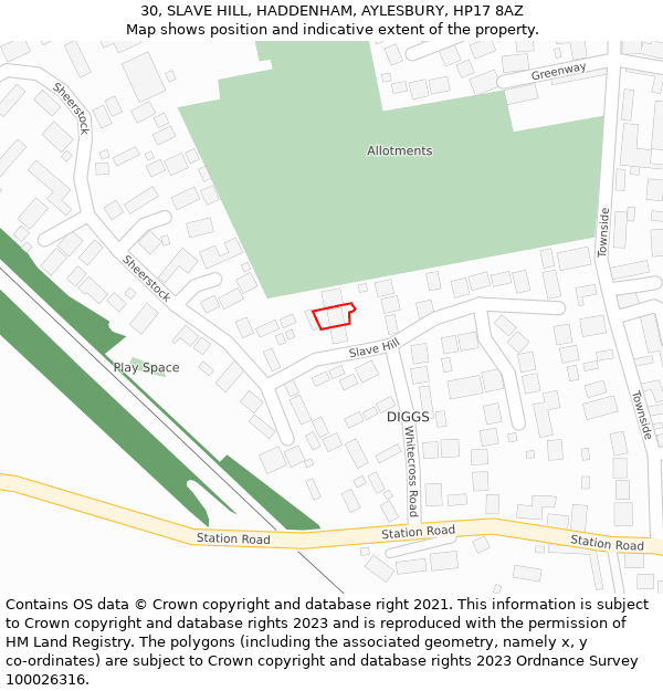 30, SLAVE HILL, HADDENHAM, AYLESBURY, HP17 8AZ: Location map and indicative extent of plot