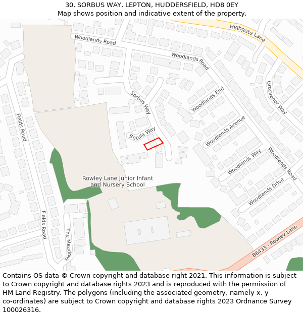 30, SORBUS WAY, LEPTON, HUDDERSFIELD, HD8 0EY: Location map and indicative extent of plot