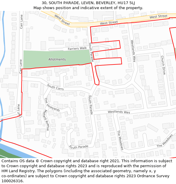 30, SOUTH PARADE, LEVEN, BEVERLEY, HU17 5LJ: Location map and indicative extent of plot