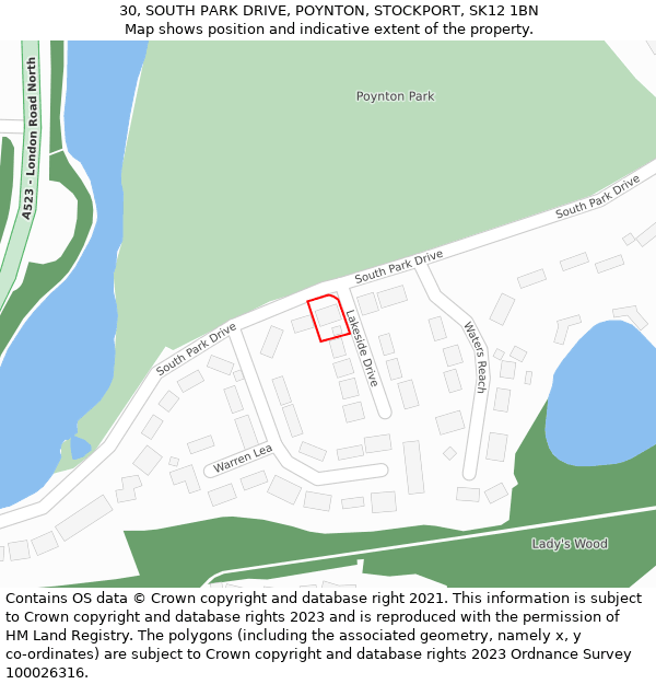 30, SOUTH PARK DRIVE, POYNTON, STOCKPORT, SK12 1BN: Location map and indicative extent of plot
