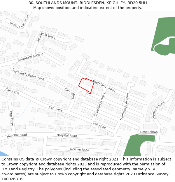 30, SOUTHLANDS MOUNT, RIDDLESDEN, KEIGHLEY, BD20 5HH: Location map and indicative extent of plot