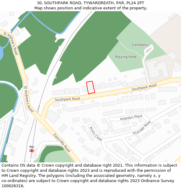 30, SOUTHPARK ROAD, TYWARDREATH, PAR, PL24 2PT: Location map and indicative extent of plot