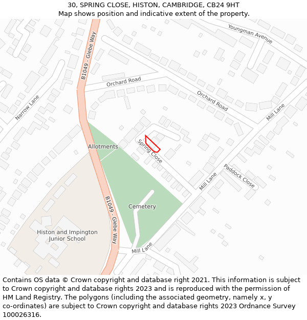 30, SPRING CLOSE, HISTON, CAMBRIDGE, CB24 9HT: Location map and indicative extent of plot