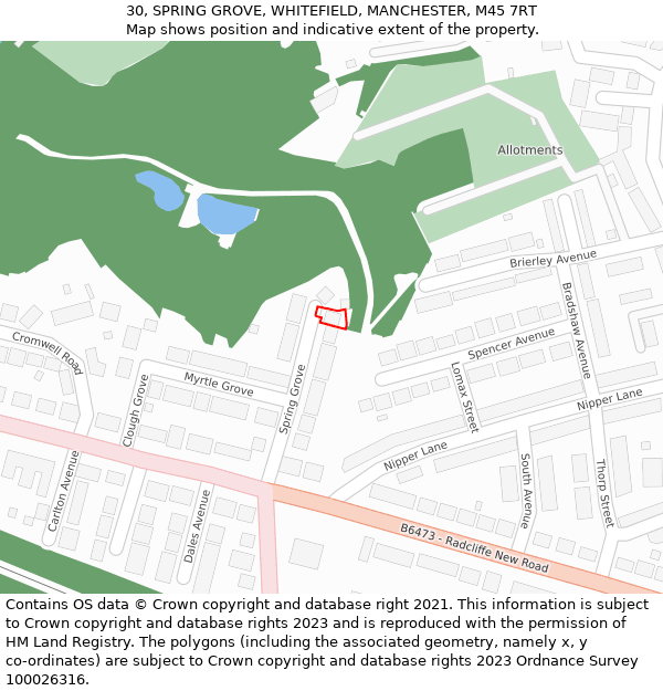 30, SPRING GROVE, WHITEFIELD, MANCHESTER, M45 7RT: Location map and indicative extent of plot