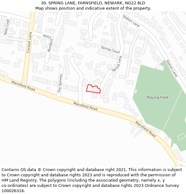 30, SPRING LANE, FARNSFIELD, NEWARK, NG22 8LD: Location map and indicative extent of plot