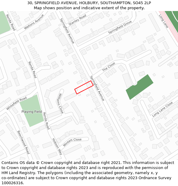 30, SPRINGFIELD AVENUE, HOLBURY, SOUTHAMPTON, SO45 2LP: Location map and indicative extent of plot