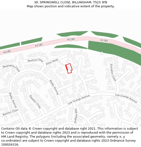 30, SPRINGWELL CLOSE, BILLINGHAM, TS23 3FB: Location map and indicative extent of plot