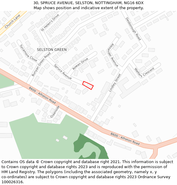 30, SPRUCE AVENUE, SELSTON, NOTTINGHAM, NG16 6DX: Location map and indicative extent of plot