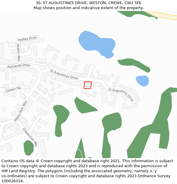 30, ST AUGUSTINES DRIVE, WESTON, CREWE, CW2 5FE: Location map and indicative extent of plot