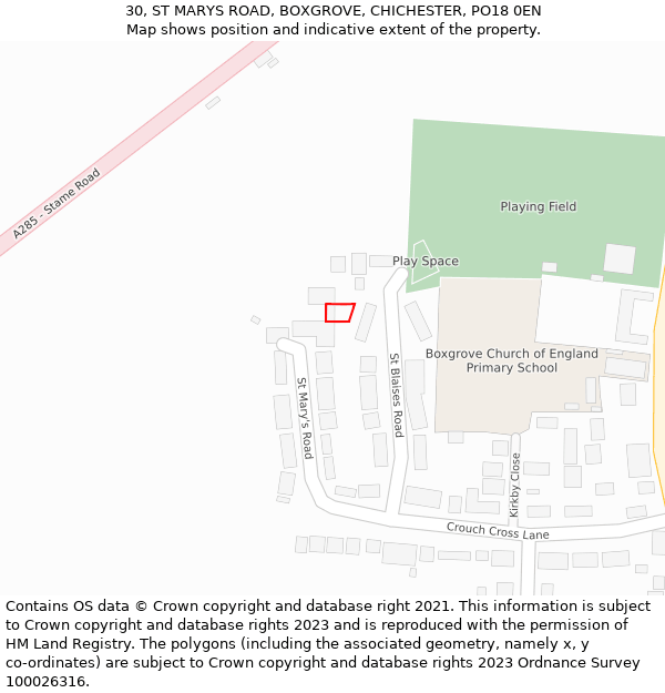 30, ST MARYS ROAD, BOXGROVE, CHICHESTER, PO18 0EN: Location map and indicative extent of plot