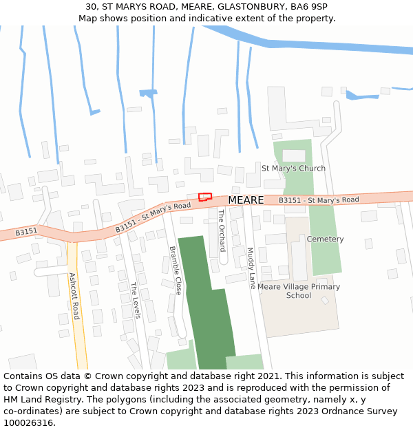 30, ST MARYS ROAD, MEARE, GLASTONBURY, BA6 9SP: Location map and indicative extent of plot