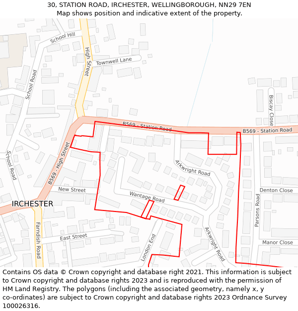 30, STATION ROAD, IRCHESTER, WELLINGBOROUGH, NN29 7EN: Location map and indicative extent of plot
