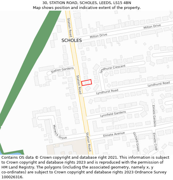 30, STATION ROAD, SCHOLES, LEEDS, LS15 4BN: Location map and indicative extent of plot