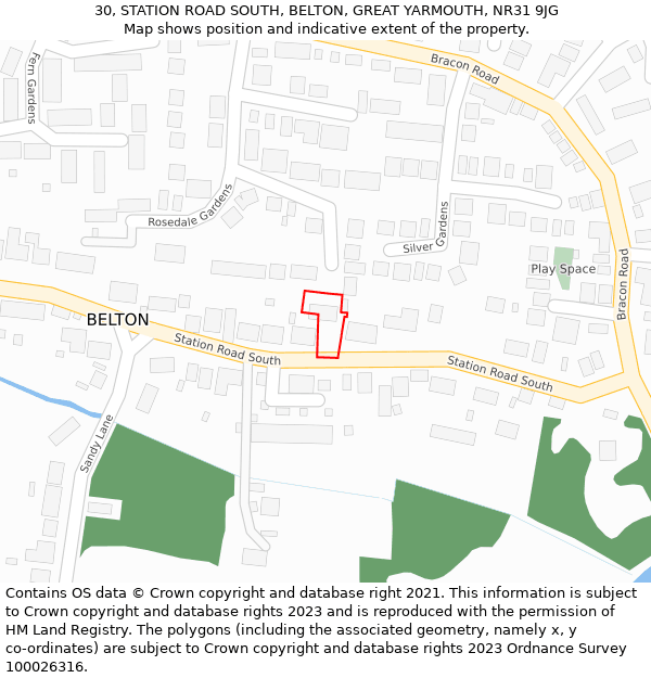 30, STATION ROAD SOUTH, BELTON, GREAT YARMOUTH, NR31 9JG: Location map and indicative extent of plot