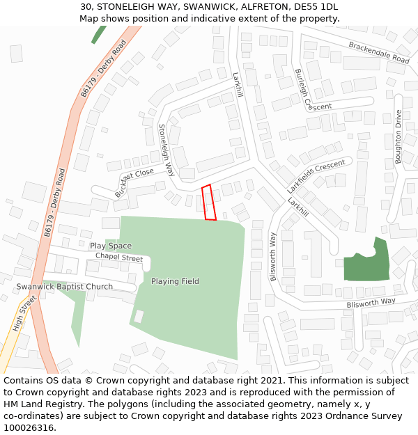 30, STONELEIGH WAY, SWANWICK, ALFRETON, DE55 1DL: Location map and indicative extent of plot